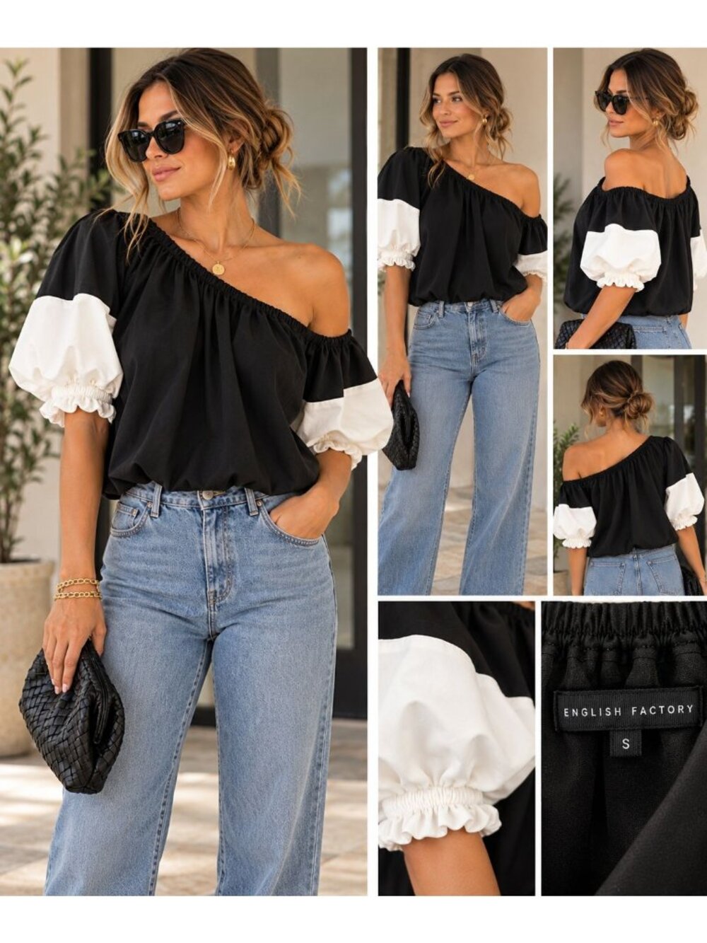 English Factory Black & White Off-The-Shoulder Puff Sleeve Bubble Top Womens Sma